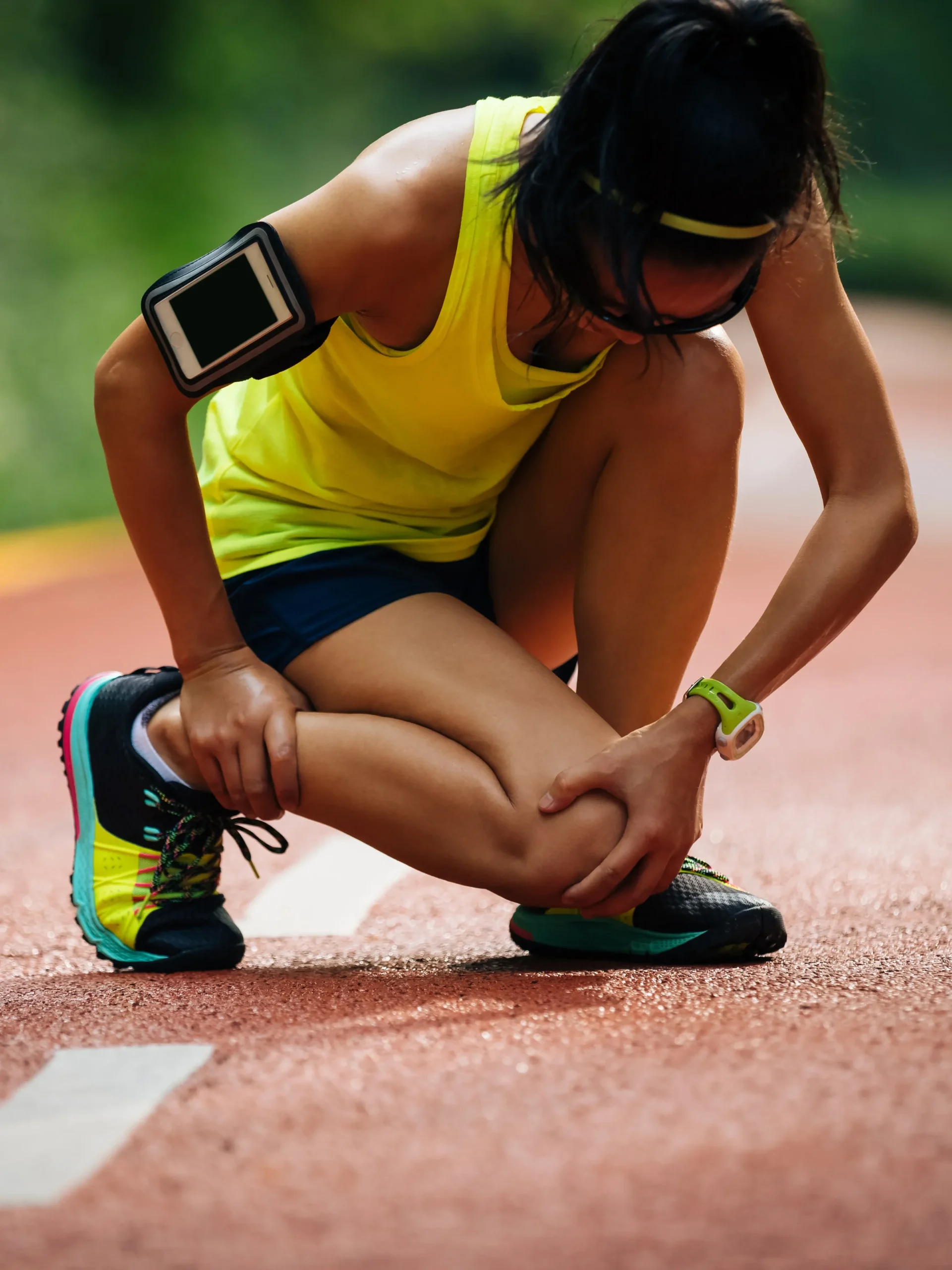 woman with knee pain during her run, unable to continue exercising due to her sports injury